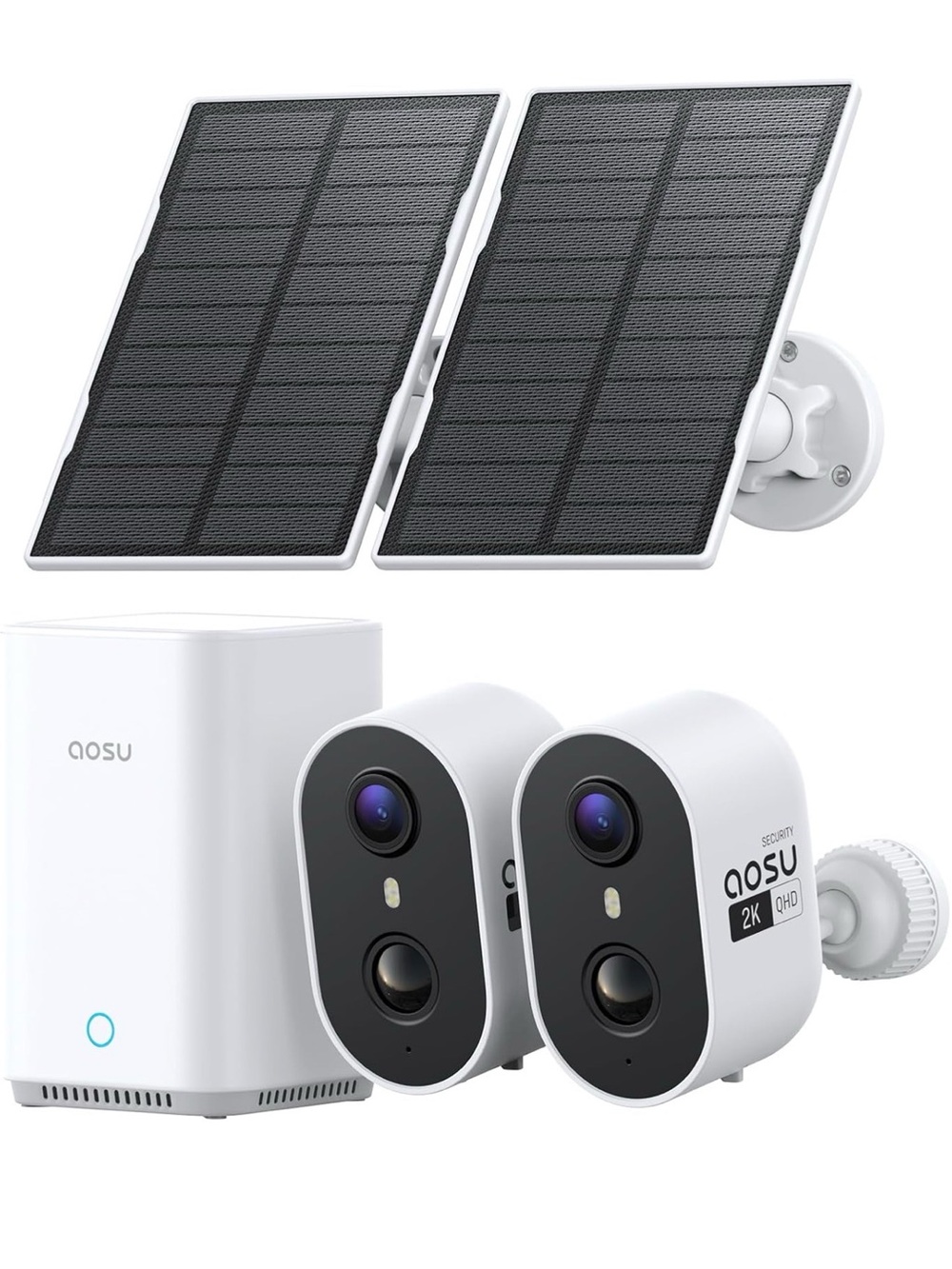 AOSU 2K Wireless Security Camera Kit with Dual Solar Panels - White